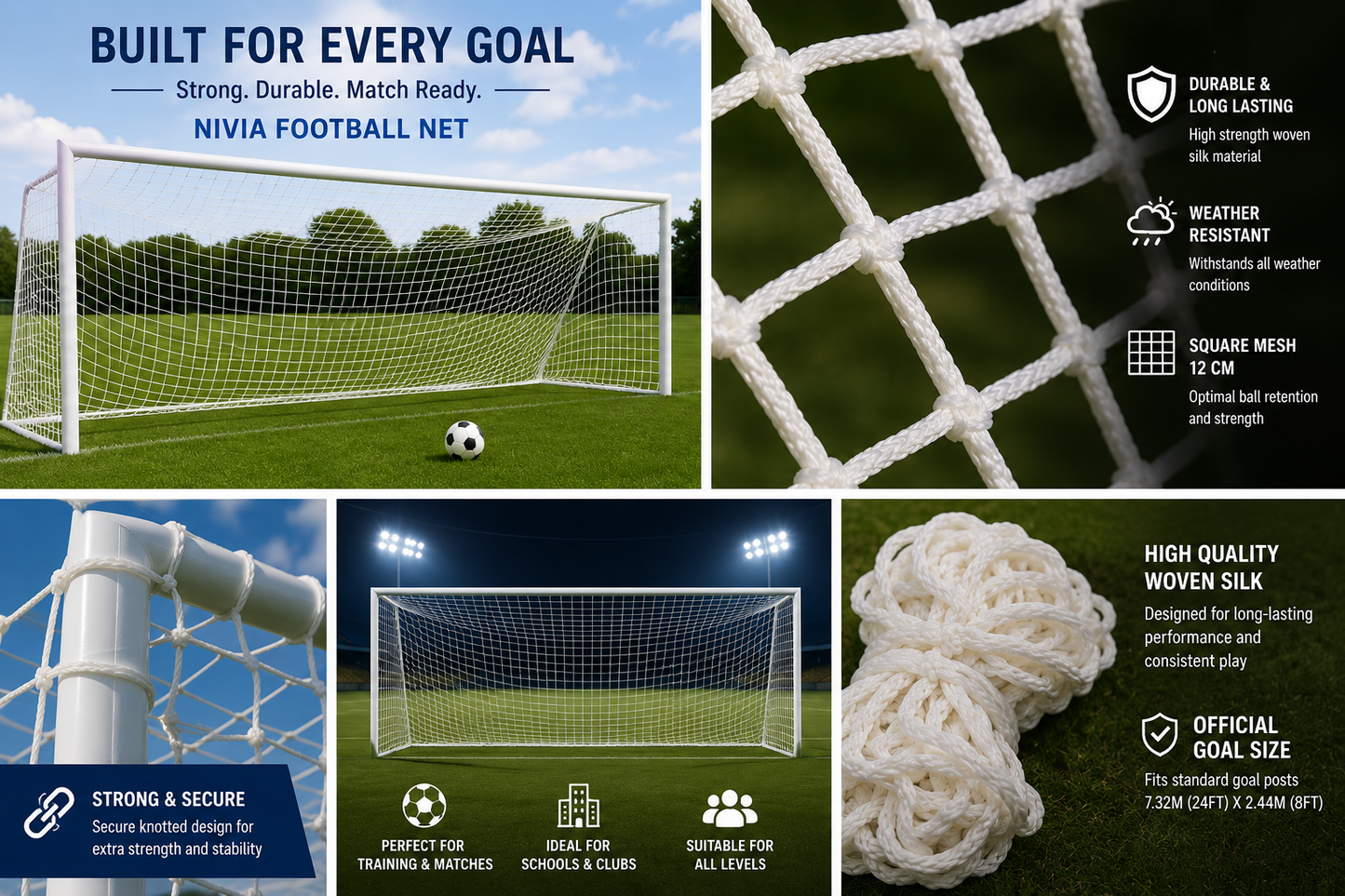 Nivia Football Goal Net (5605) White | Standard 24 x 8 ft Woven Silk Football Net | Weather Resistant