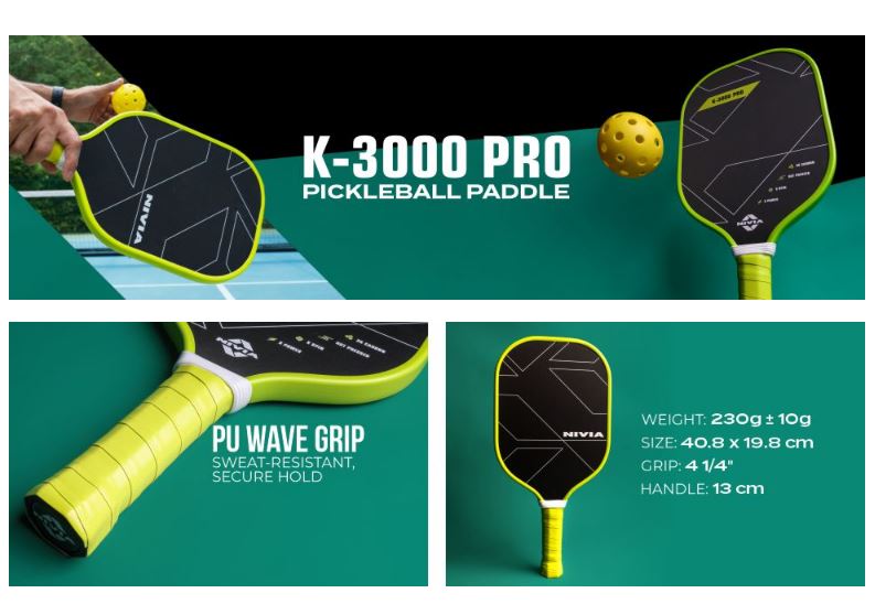 Nivia K-3000 PRO Pickleball Paddle - 3K Carbon Surface with 16mm PP Core