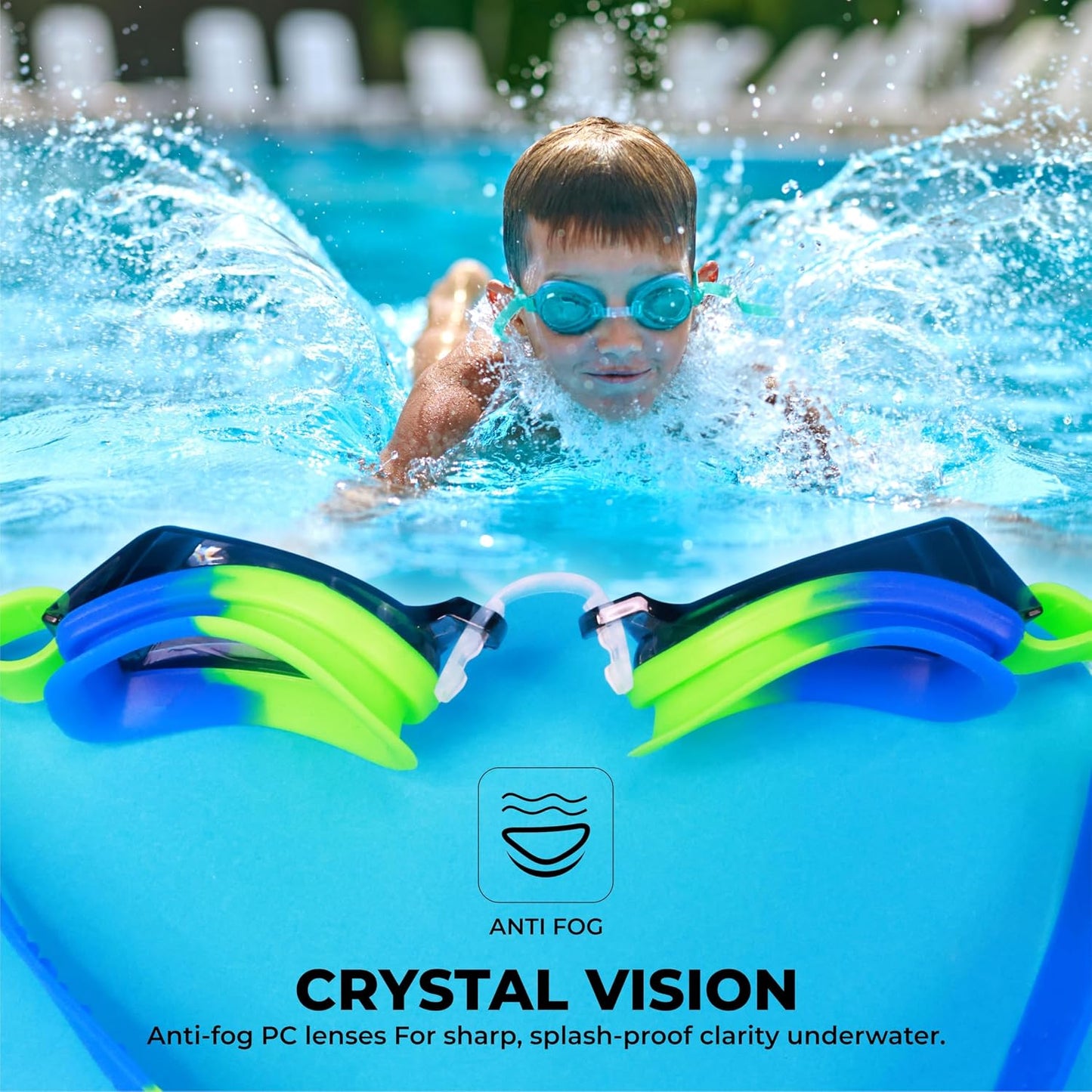 Nivia Splash Jr. 2.0 Swimming Goggles for Kids | Polycarbonate Anti-Fog UV Protection Lens | Adjustable 3-Size Nose Bridge | Soft Silicone Strap & Gasket | Training Swim Goggles for Boys & Girls