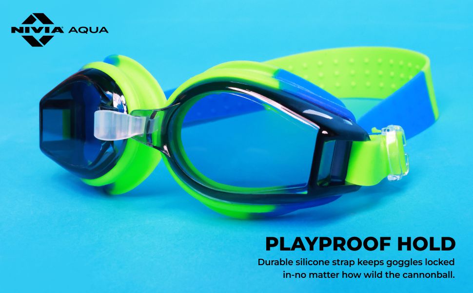 Nivia Splash Jr. 2.0 Swimming Goggles for Kids | Polycarbonate Anti-Fog UV Protection Lens | Adjustable 3-Size Nose Bridge | Soft Silicone Strap & Gasket | Training Swim Goggles for Boys & Girls