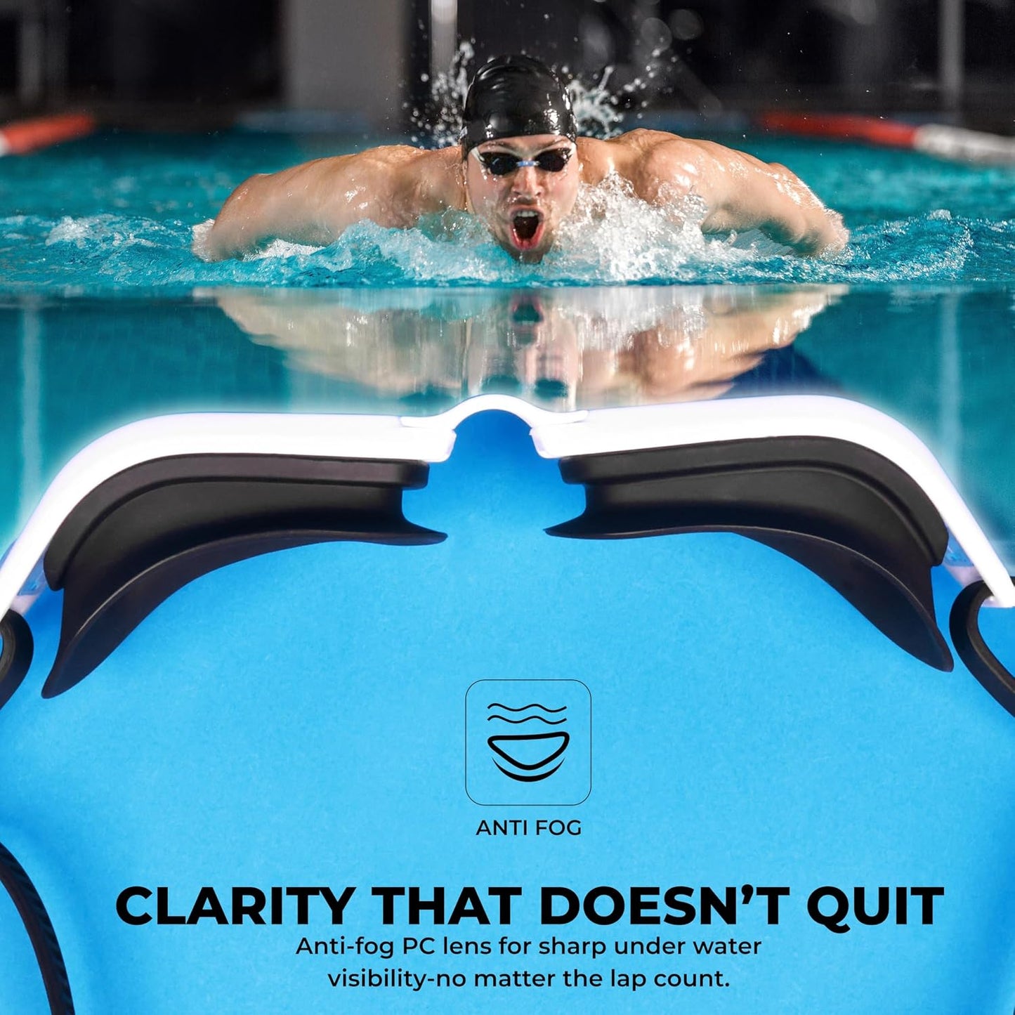 Nivia Visionz Swimming Goggles for Adults | Anti-Fog UV Protection Polycarbonate Clear Lens | Soft Silicone Strap | Comfort Fit Training Swim Goggles for Men & Women | Black/White