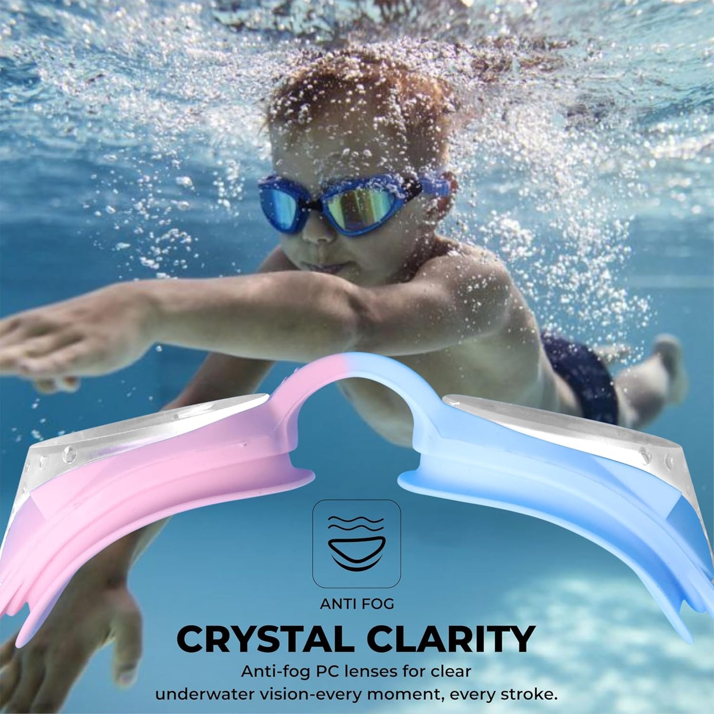 Nivia Kiddies Jr. 2.0 Swimming Goggles for Kids | Anti-Fog UV Protection | Adjustable Silicone Strap | Polycarbonate Lens | Pink/Blue
