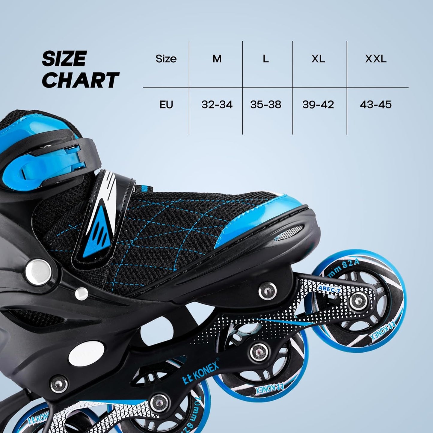 Konex 4 Wheel Inline Skates for Kids & Adults - Adjustable ABEC-7 PU Wheel Roller Skates (Blue, EU 43-45)
