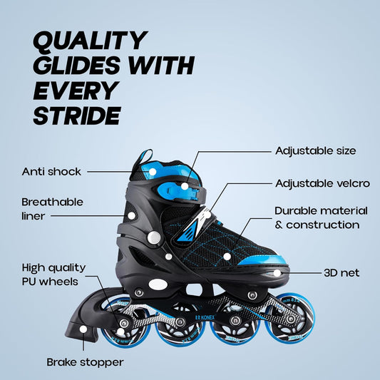 Konex 4 Wheel Inline Skates for Kids & Adults - Adjustable ABEC-7 PU Wheel Roller Skates (Blue, EU 43-45)