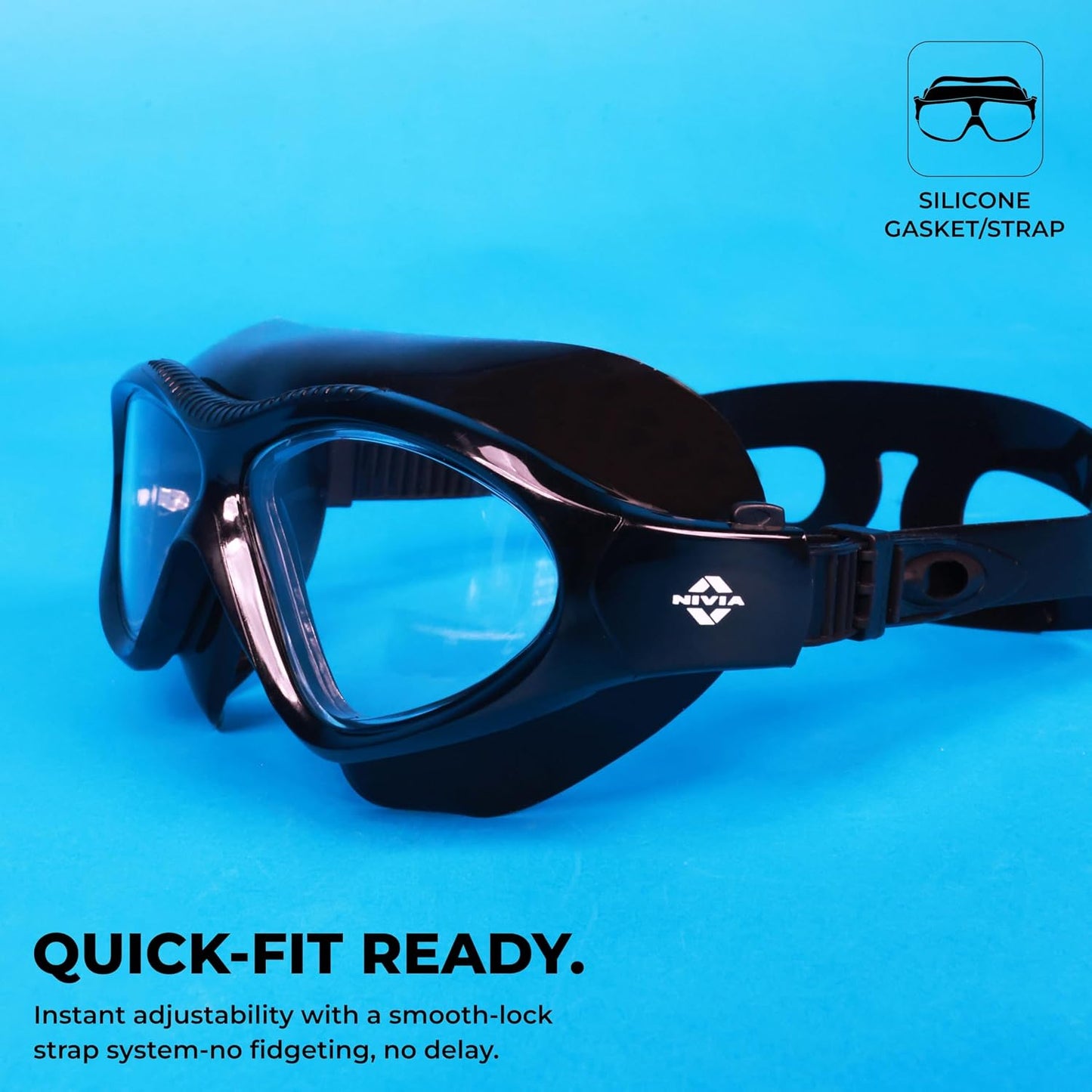 Nivia Unimask Sr. 2.0 Swimming Goggles for Adults | Anti-Fog UV Protection Polycarbonate Clear Lens | Quick-Fit Silicone Strap | Professional Training Swim Goggles for Men & Women | Black