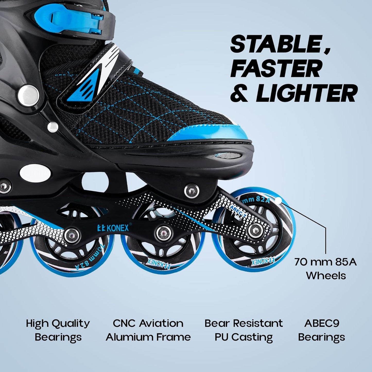 Konex 4 Wheel Inline Skates for Kids & Adults - Adjustable ABEC-7 PU Wheel Roller Skates (Blue, EU 43-45)