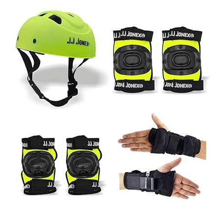 JJ JONEX Skating Guard, Protective Skating Guard Kit | Skate, Cycling Protection Set | Multi Sport Gear for Children Age 5-16 Years, Helmet Elbow Guards Knee Caps & Hand Gloves,Green