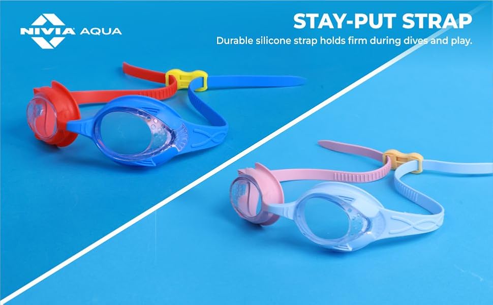 Nivia Kiddies Jr. 2.0 Swimming Goggles for Kids | Anti-Fog UV Protection | Adjustable Silicone Strap | Polycarbonate Lens | Pink/Blue