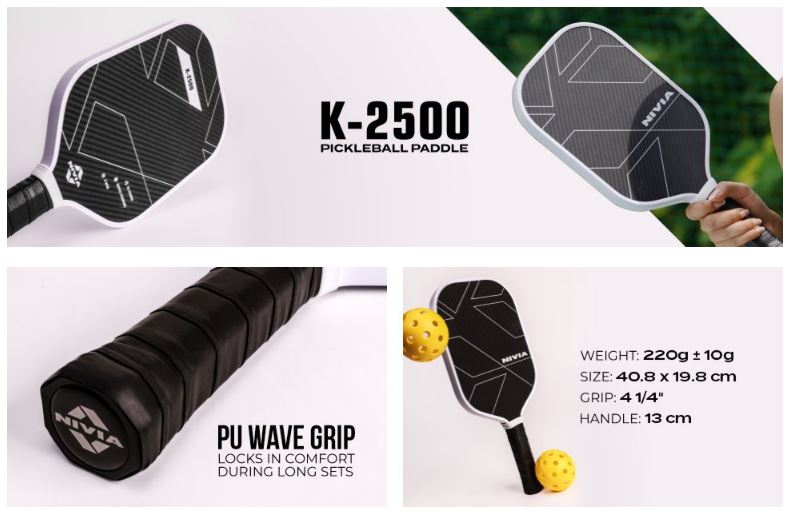 Nivia K-2500 Pickleball Paddle - 3K Carbon Surface with 16mm Core