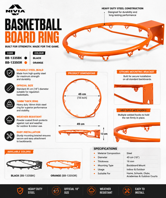 Nivia Basketball Board Ring BB-1335BK / BB-1335OR | 18" Steel Basketball Rim | Heavy-Duty Basketball Hoop Ring