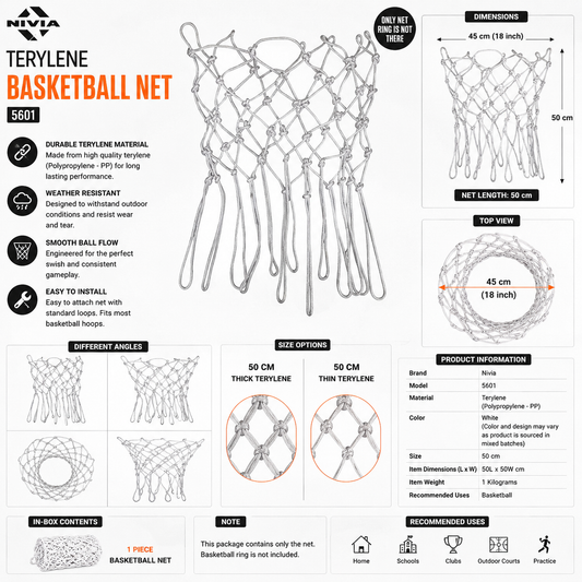Nivia Terylene Basketball Net 5601 | 50 cm Replacement Basketball Hoop Net | Durable PP Basketball Net | White