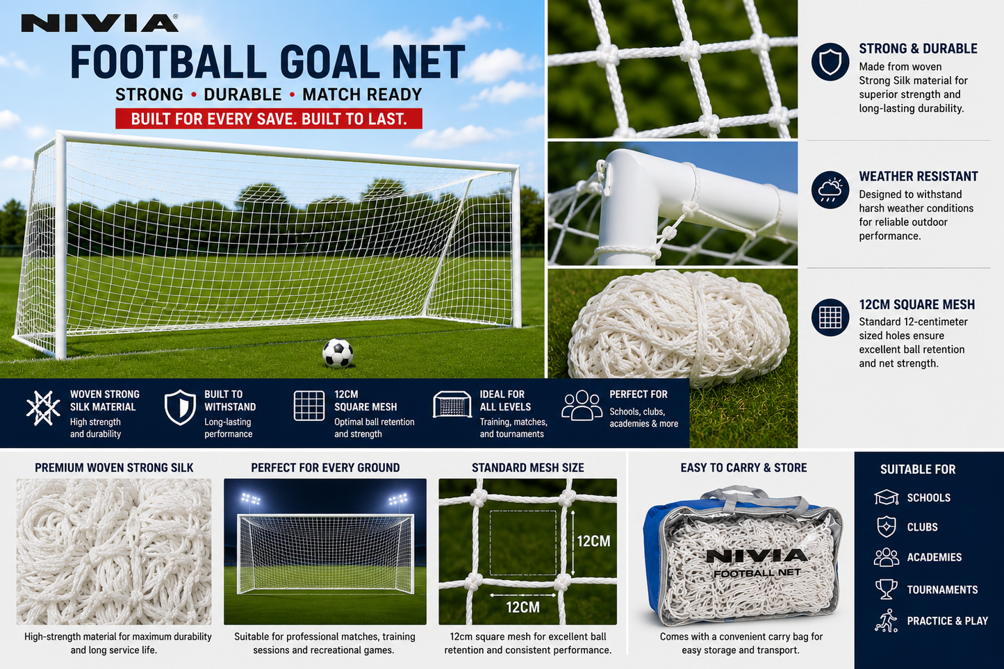 Nivia Football Goal Net | Strong Woven Silk | 12 cm Square Mesh | Weather Resistant Football Net