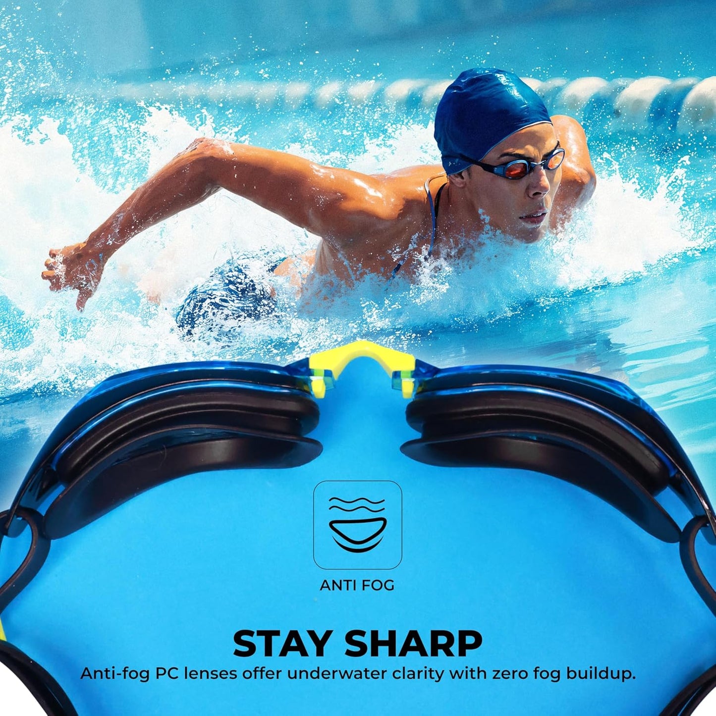 Nivia Eliminator 2.0 Swimming Goggles for Adults | Anti-Fog UV Protection Polycarbonate Lens | Adjustable PU Nose Bridge | Soft Silicone Strap | Professional Training Swim Goggles for Men & Women