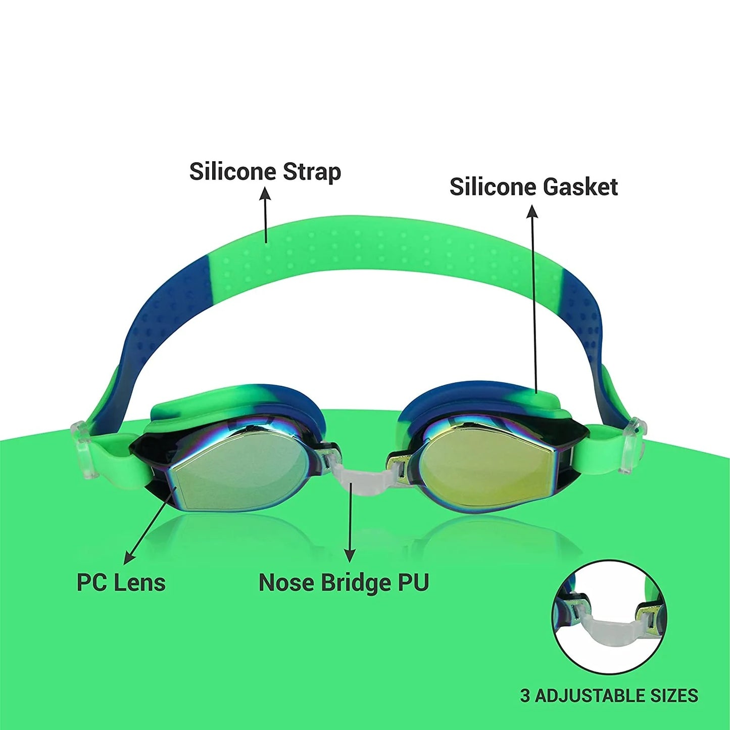 Nivia Splash Jr. 2.0 Swimming Goggles for Kids | Polycarbonate Anti-Fog UV Protection Lens | Adjustable 3-Size Nose Bridge | Soft Silicone Strap & Gasket | Training Swim Goggles for Boys & Girls
