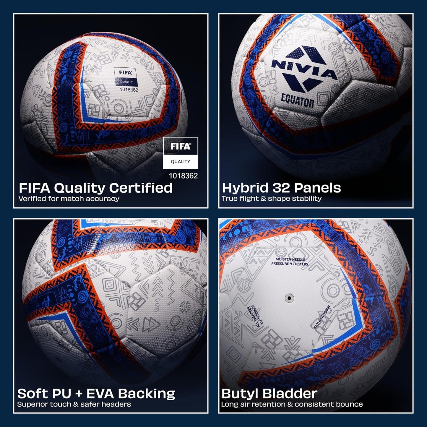 Nivia Equator Football, Match Ball, 32 Panels, Durable & Soft PU Leather Cover, Butyl Threadwounded Bladder, FIFA Quality, Made for Tournaments, to Play on Both Natural and Artificial Grass