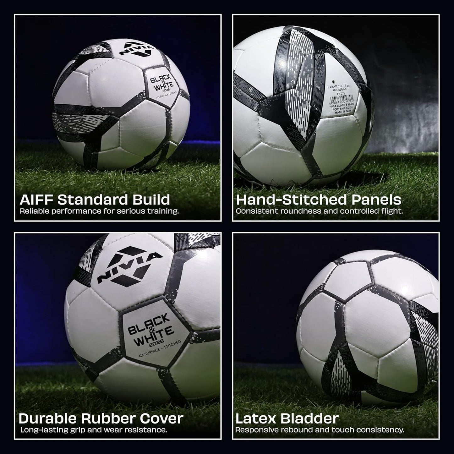 Nivia Black & White Football Size 4 - 32 Panel Training Ball | Rubberized Stitched Football